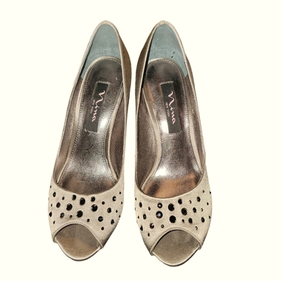 New York Nina size 6 high heel shoes Rhinestone, open toe, 3" Heel, gray - Picture 7 of 10